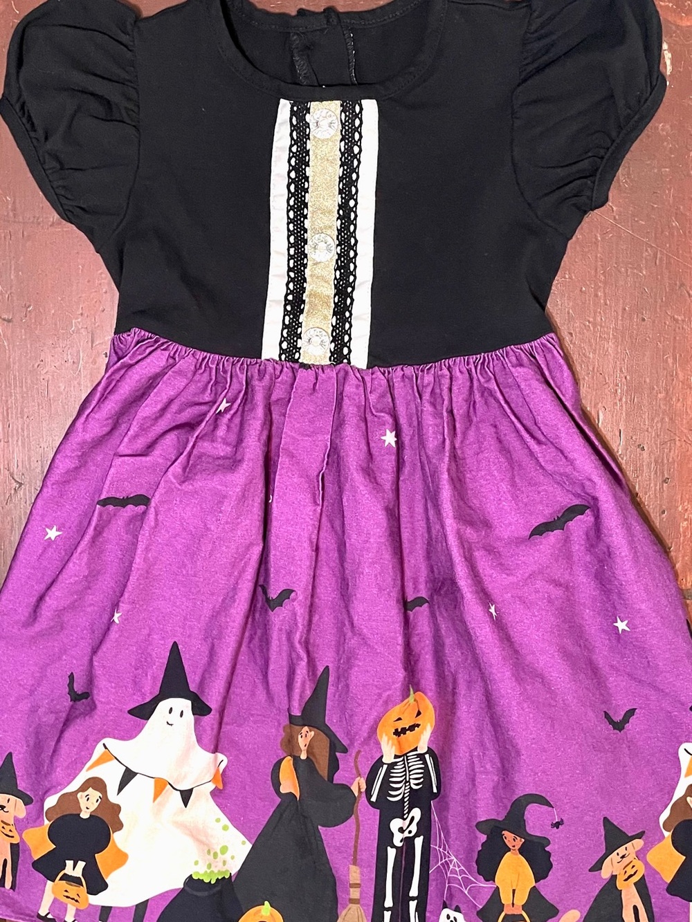 Ricrac & Ruffles Halloween Dress-Purple Character Skirt with Shimmer Buttons